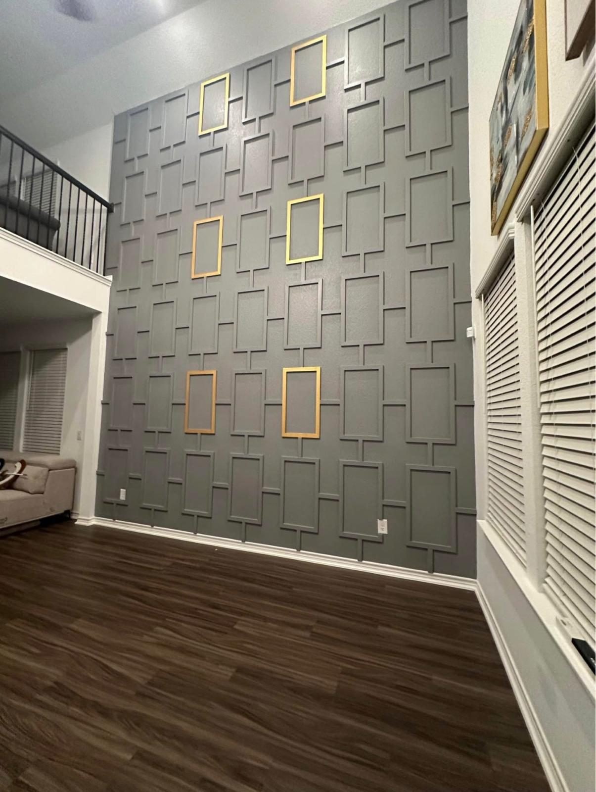 Geometric accent wall finished in gray
